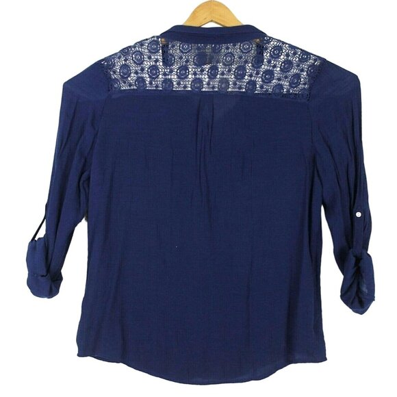 NWT New Directions Womens L Blue Button Up Blouse Lace Back Boho Coastal - Picture 9 of 10
